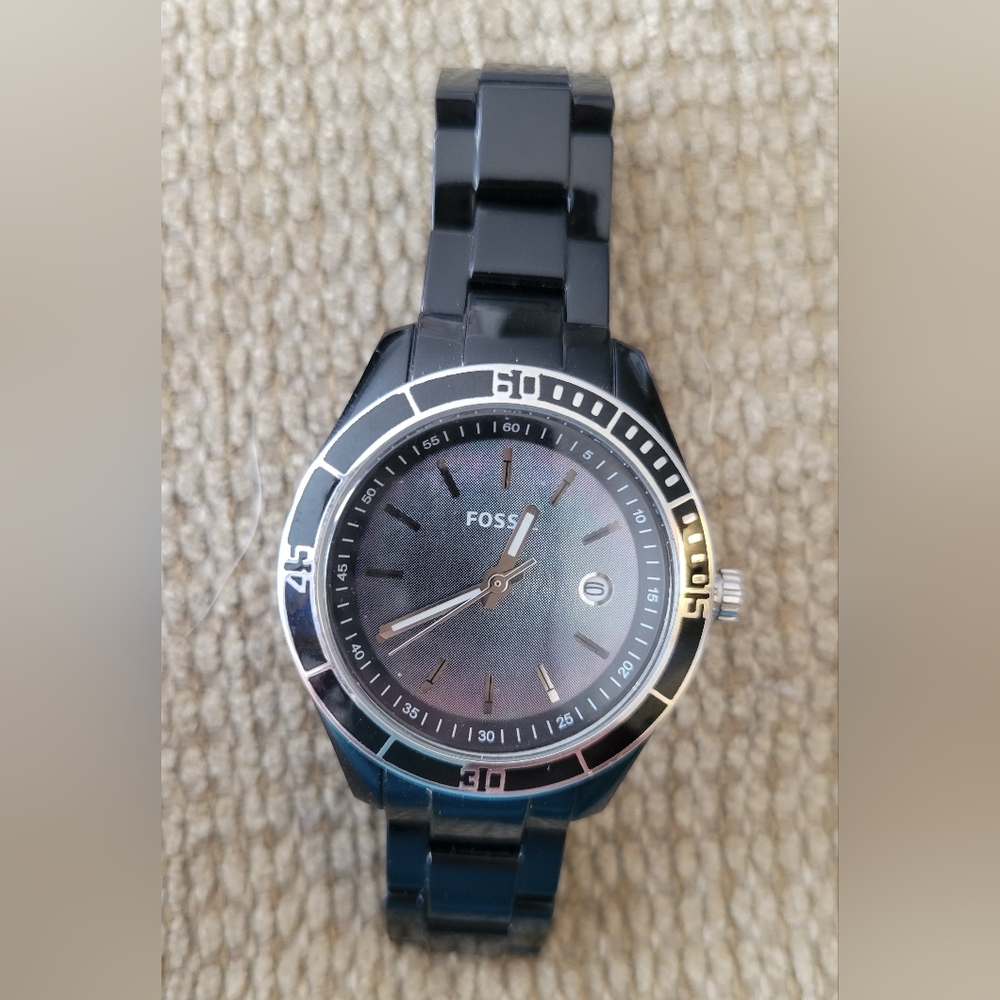 Women's Fossil Black Ceramic Watch with Iridescent Gray Dial